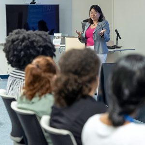 Woman speaking at an event