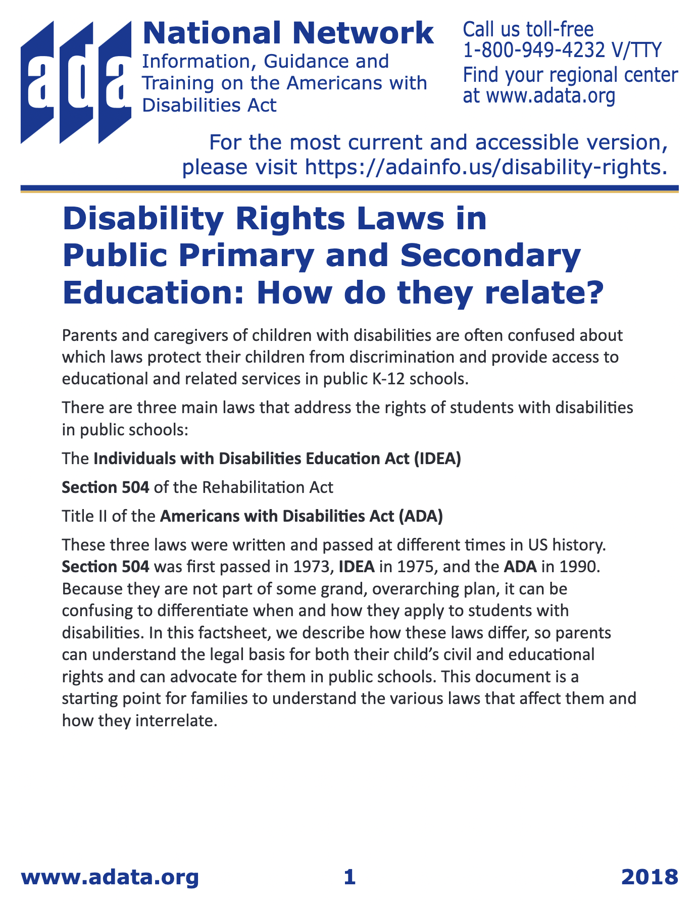 Screenshot of Disability Rights Laws in Public Primary and Secondary Education PDF