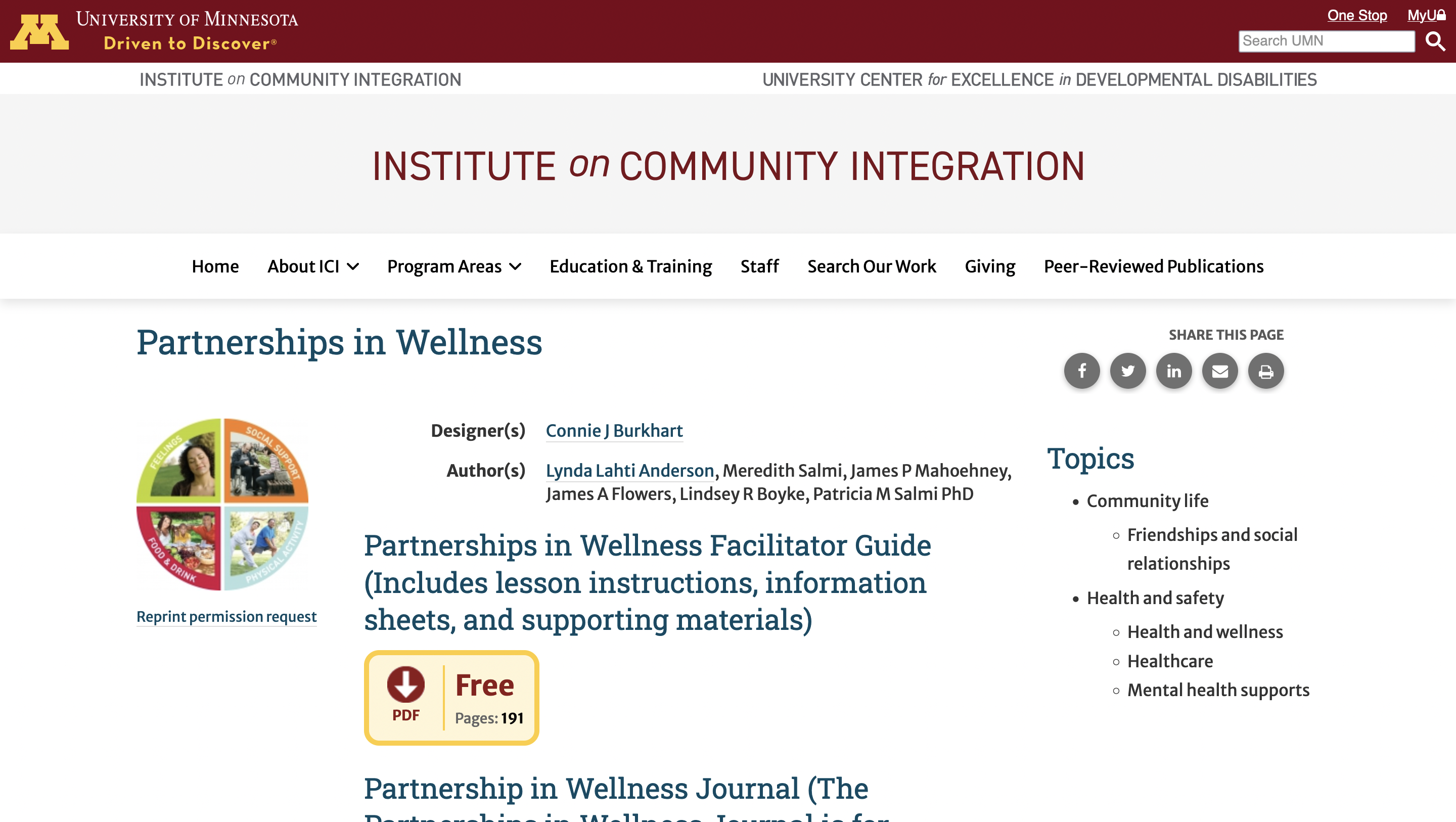 Screenshot of Partnerships in Wellness webpage