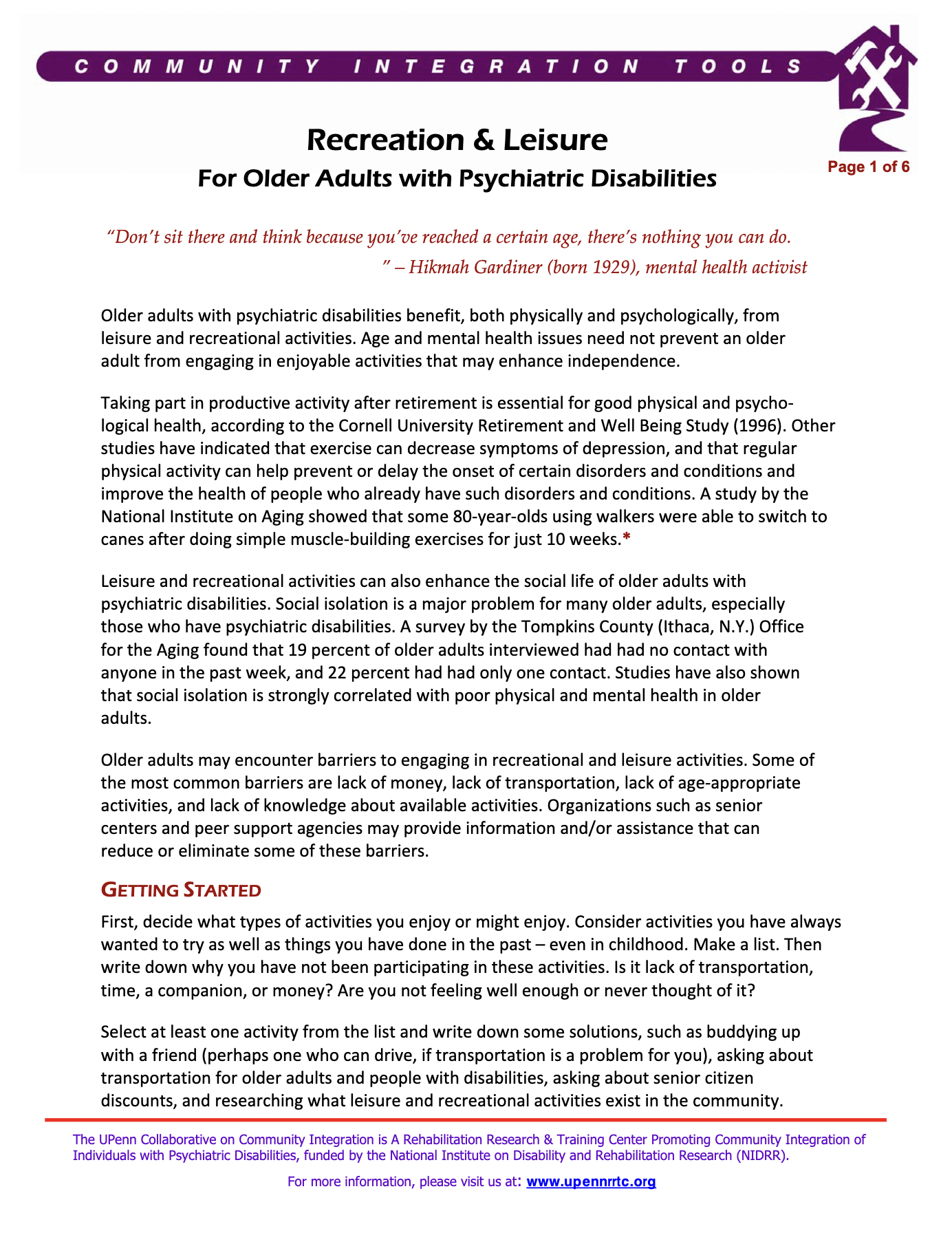 Screenshot of Recreation & Leisure for Older Adults with Psychiatric Disabilities PDF