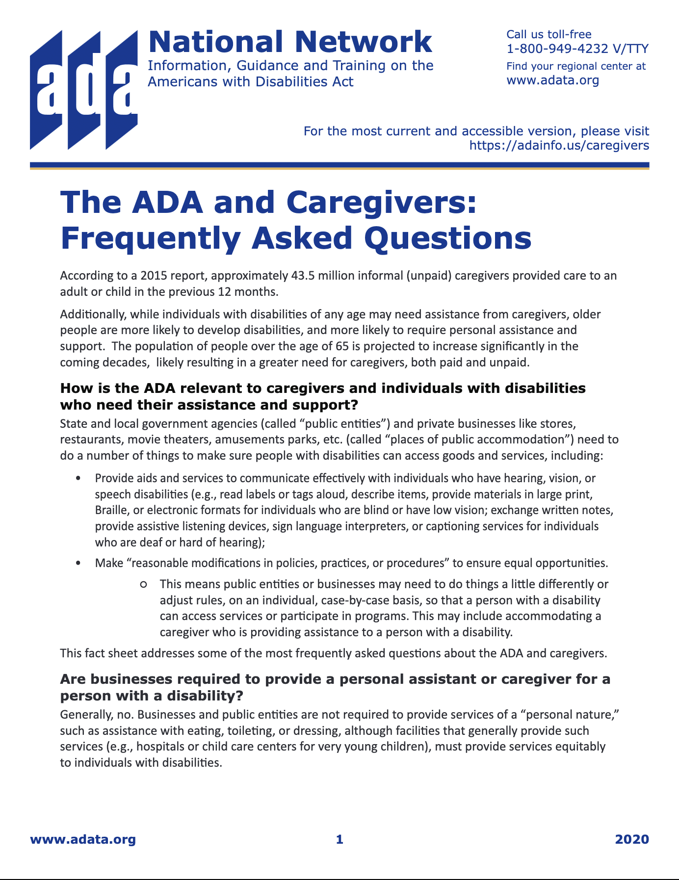 Screenshot of The ADA and Caregivers: Frequently Asked Questions PDF