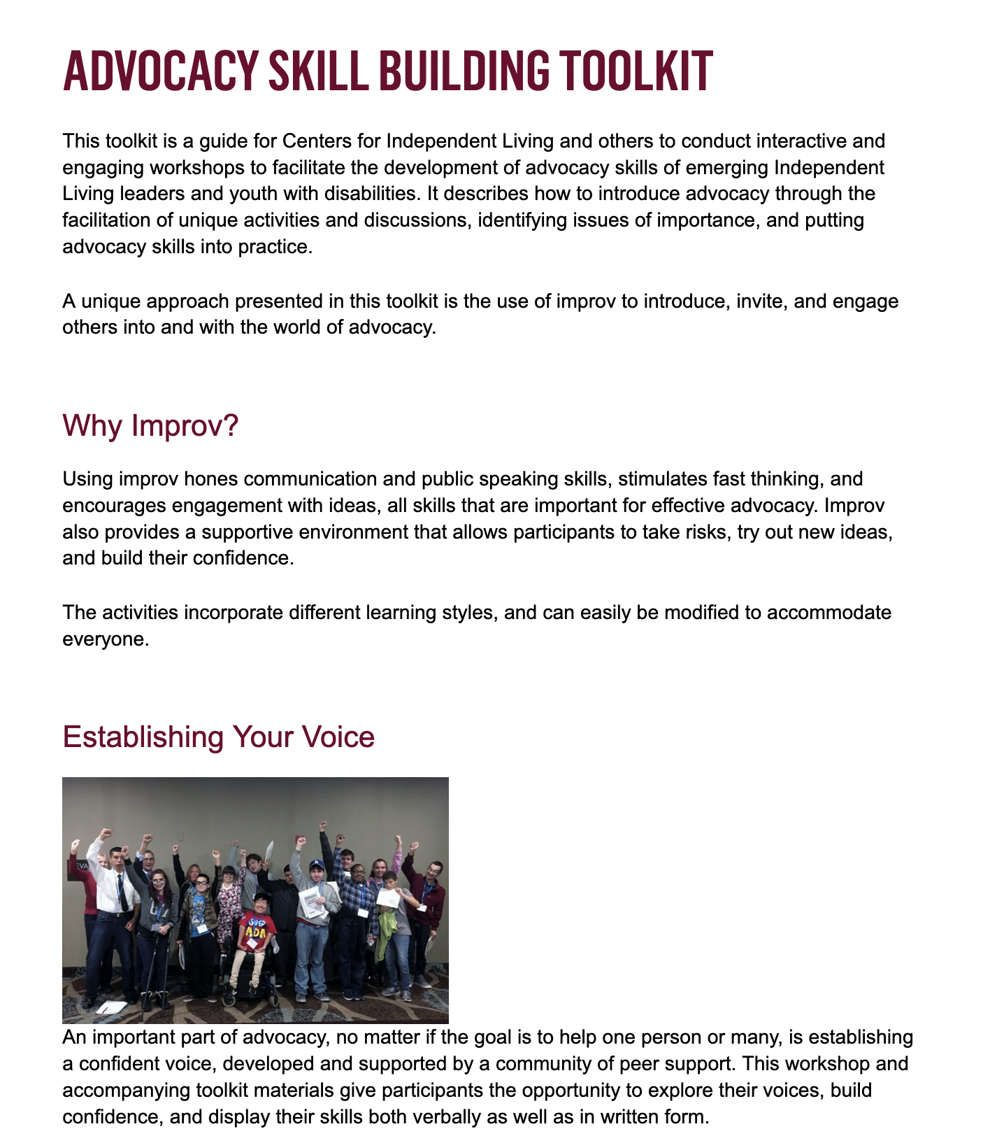 Screenshot of Advocacy Skill Building Toolkit webpage