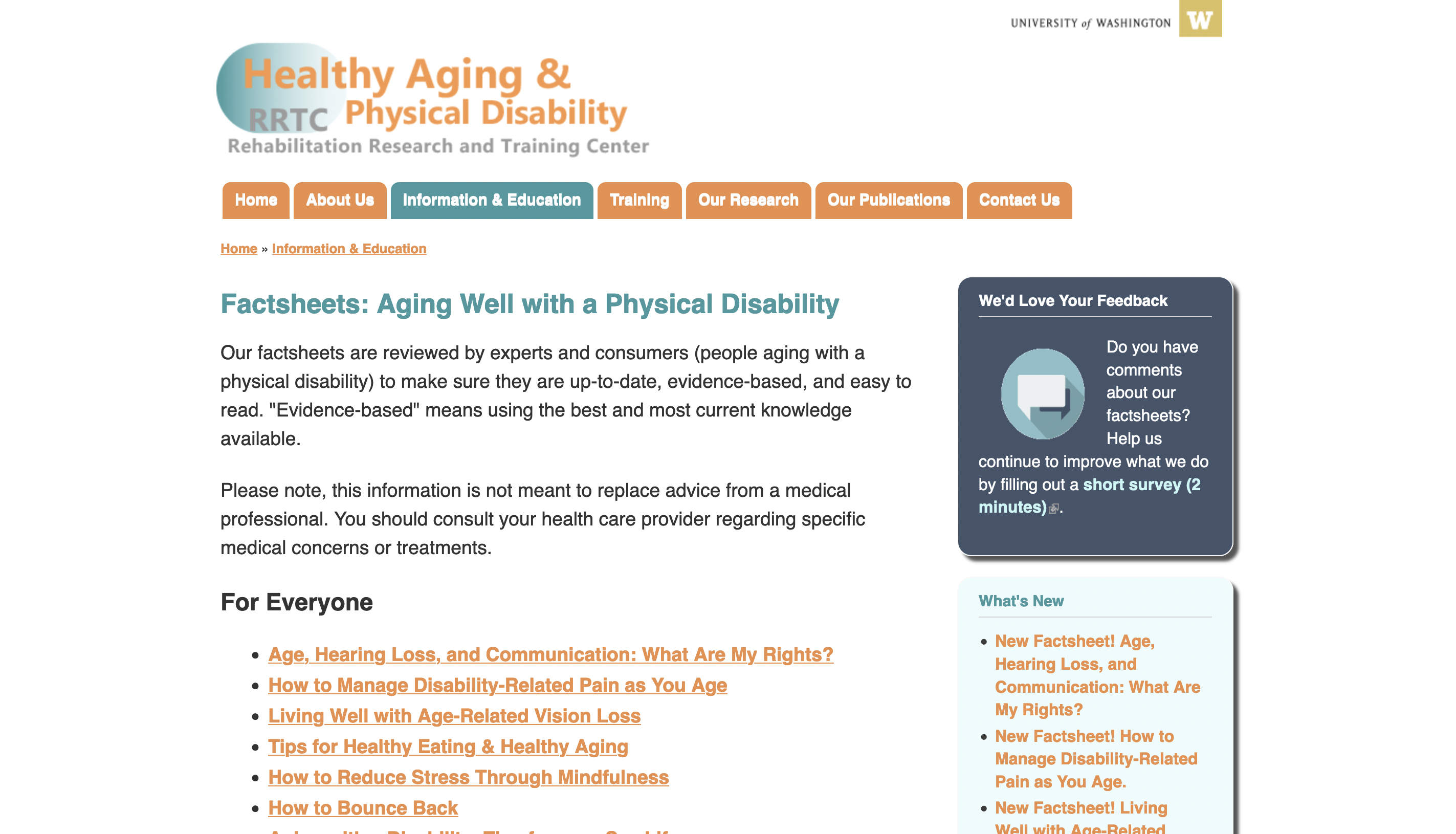 Screenshot of Factsheets: Aging Well with a Physical Disability webpage