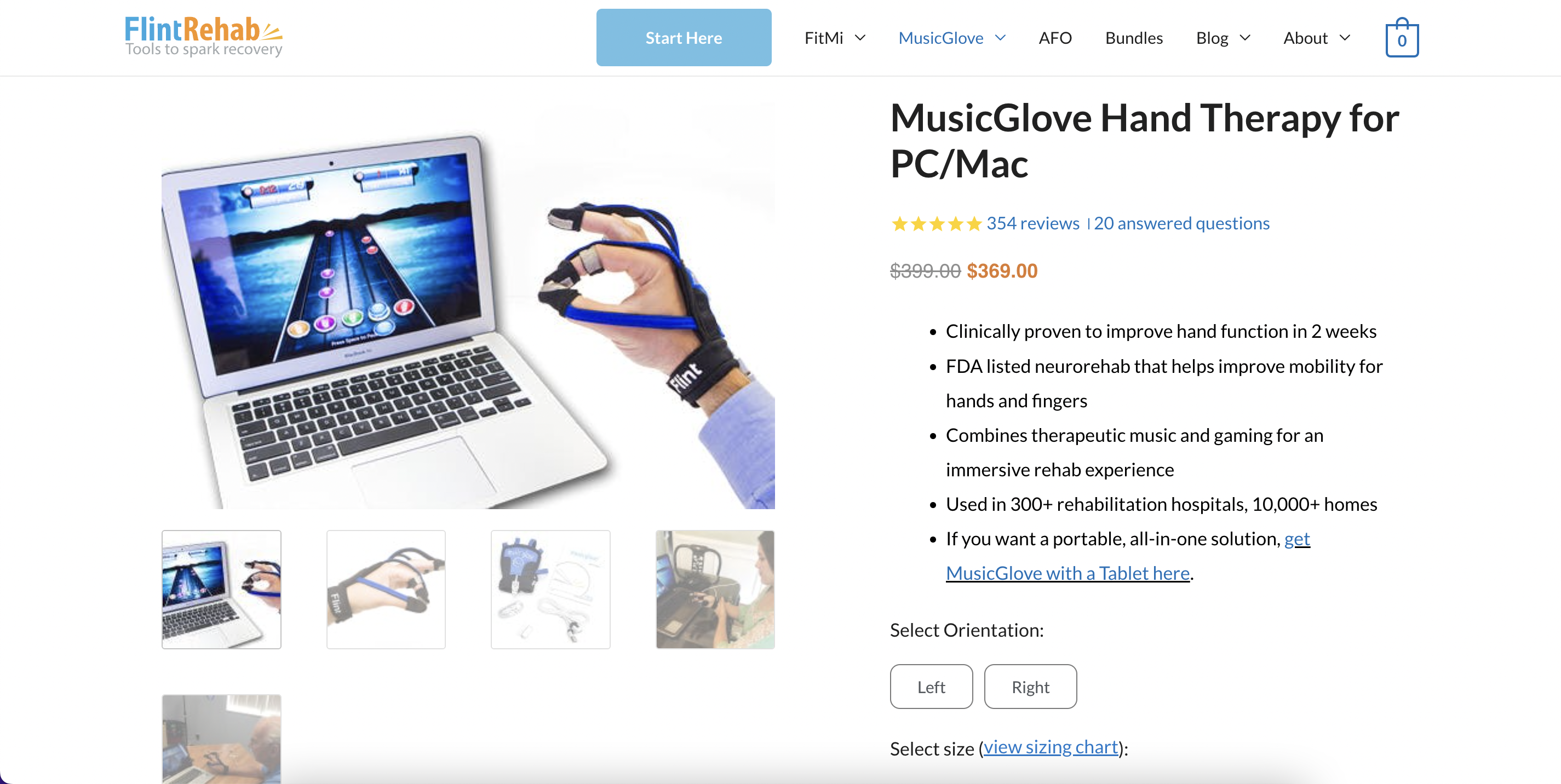 Screenshot of MusicGlove Hand Therapy webpage