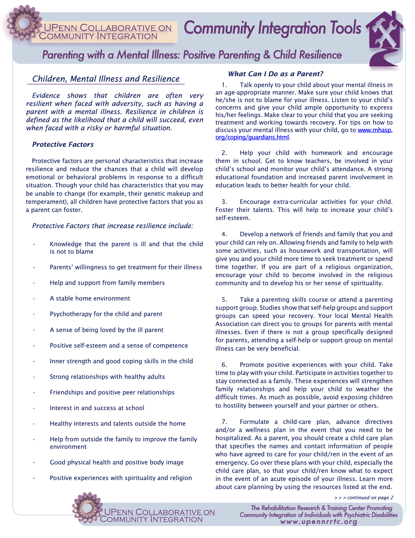 Screenshot of Parenting with a Mental Illness: Positive Parenting and Child Resilience PDF