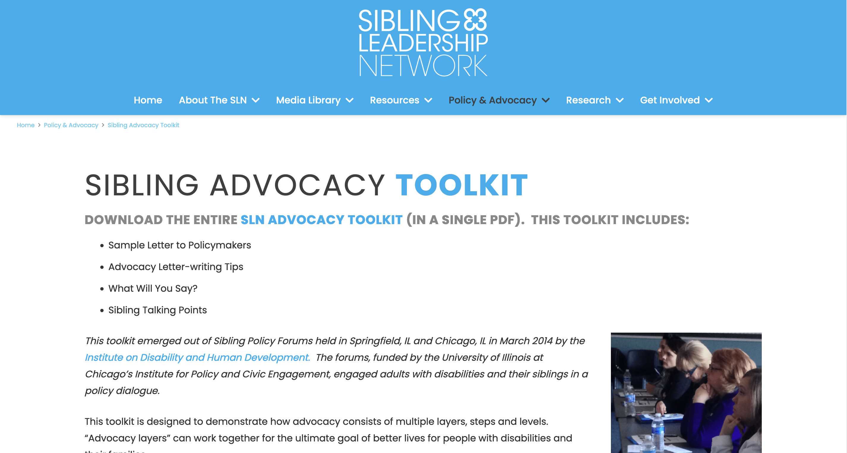 Screenshot of Sibling Advocacy Toolkit webpage