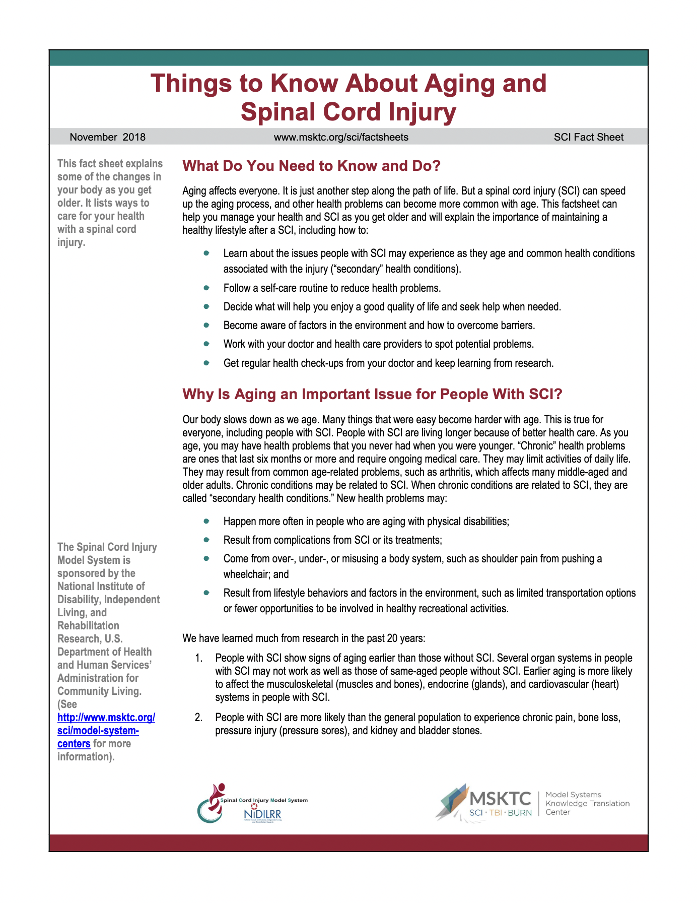 Screenshot of Things to Know About Aging and Spinal Cord Injury PDF