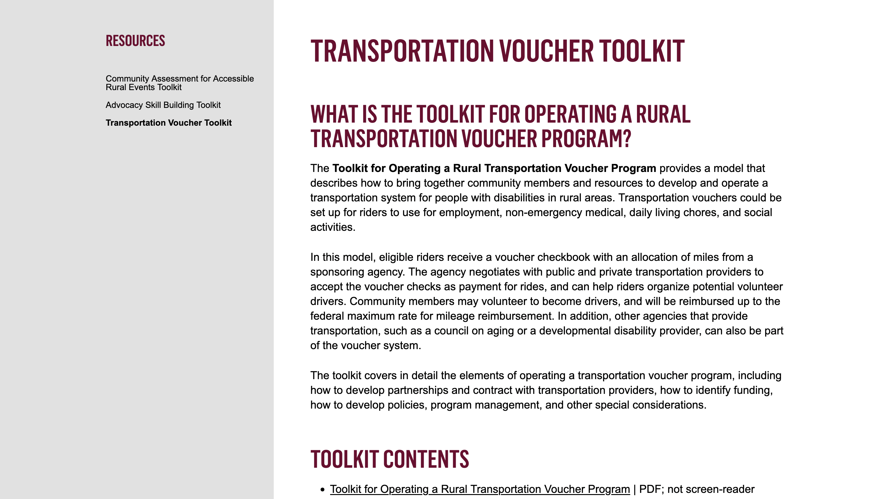 Screenshot of Transportation Voucher Toolkit website